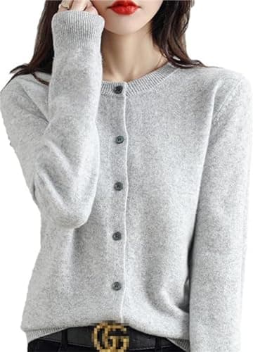 Image of Bollrllr Women's Cashmere Cardigan, Crew Neck, for Spring, Autumn, Winter, Long Sleeve, Knitted, Solid Color, Soft, Light grey 9, XS/S