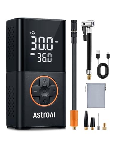 Image of AstroAI Car Tyre Inflator Air Compressor, Portable USB Rechargeable Electric Bike Pump 150 PSI, Tyre Pump with Pressure Gauge Digital Dual Values Display, for Car, Bike, Motorbike, Ball