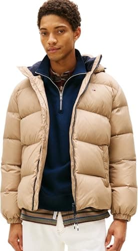 Image of Tommy Jeans Men’s Warm Essential Down Puffer Jacket, Beige (Coastal Taupe), XL