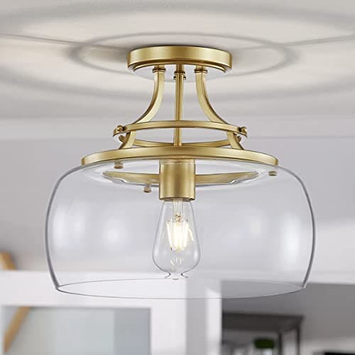 Image of WUZUPS Chandelier Rustic Farmhouse Industrial Round Semi-flushmount Ceiling LED Light Fixture with Clear Glass Shades for Bathroom Kitchen Foyer Entryway, H 30 x W 34, E27 Base, Gold