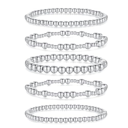 Image of Sahoottie 5 Pcs Silver Beaded Bracelets for Women Silver Plated Bead Bracelets Set Stretch Adjustable Bracelet Dainty Bracelet Stacking Jewellery for Women Everyday Wear 3/4/5/6/7mm