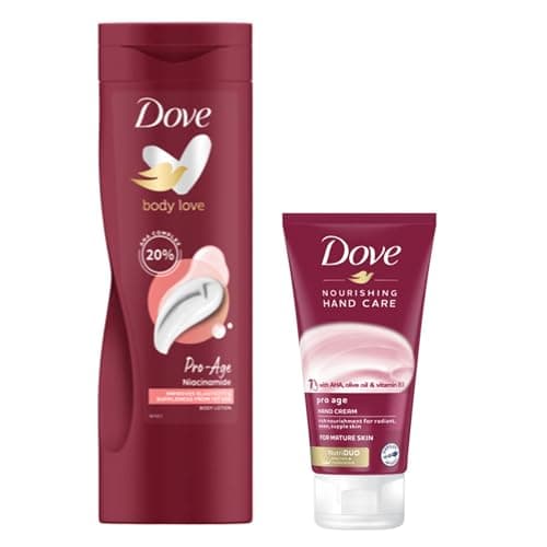 Image of Dove Body Love Pro Age Body Lotion Improves elasticity & suppleness from 1st use & moisturiser for more elastic skin 400 ml & Dove Nourishing Hand Care Pro Age Hand Cream 75ml