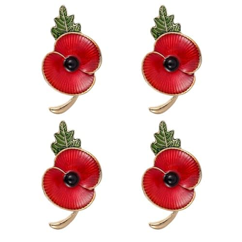 Image of 4 Pcs Poppy Badges and Pins,Red Enamel Poppy Metal Badge with Green Tone Leaf Design,Remembrance Pin Badges Fashion Jewellery for Women Men Veterans Gifts (Red)