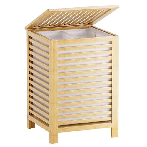 Image of SMIBUY Double Laundry Hamper with Lid, 120L Bamboo Laundry Basket with Removable Liner Bag, 2-Section Clothes Divider Laundry Sorter for Laundry Room, Bathroom, Bedroom (Natural)