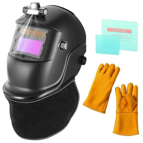 Image of BOSYTRO Welding Mask with Light, Auto Darkening Solar Powered Welder Helmet with 2 Replacement Lens + Welding Gloves+ Welding Gloves+Genuine Leather Neck Protector, Adjustable Shade 9-13 for TIG MIG