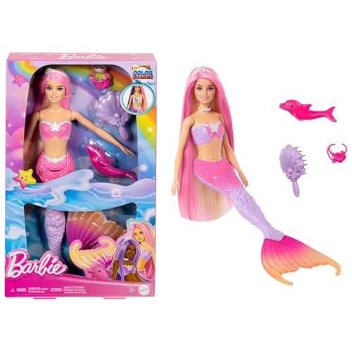 Image of Barbie Mermaid Doll, “Malibu” with Pink Hair, Styling Accessories, Pet Dolphin and Water-Activated Color Change Feature, HRP97