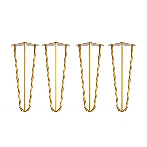 Image of 4 x Hairpin Legs with Floor Protector Feet & Screws - 35cm 3 Rod / 10mm, Gold Brass
