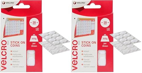 Image of VELCRO Brand Stick On Coins Double Sided Hook & Loop Self Adhesive Sticky Coins Perfect for Room Décor & Home, Office, Garage Use White 16mm x 16mm Set of 16 (Pack of 2)