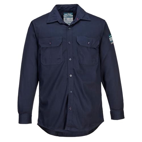 Image of Portwest FR89 Bizflame 88/12 Lightweight FR Shirt Flame-Resistant ARC2 Protection CE Certified UV Resistant Durable Workwear Chest Pockets Adjustable Cuffs Breathable Fabric Comfortable Fit, Navy, XL