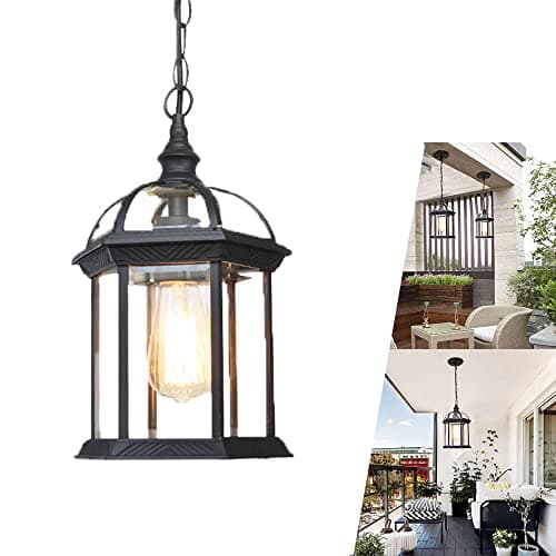 Image of Outdoor Hanging Lantern Light, Loft Industrial Pendant Lights, Flush Mount Ceiling Pendant Lighting, IP23 Waterproof Outside Lights, Black, E27, Aluminum Glass Shade for garden entrance Porch