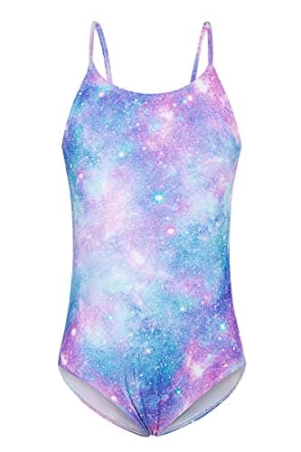 Image of RAISEVERN Girls Swimming Costume Swimsuit Galaxy Funny Cute Purple Pink Beachwear 3D Round Neck Sleeveless Swimming Wear, L, 7-8 Years