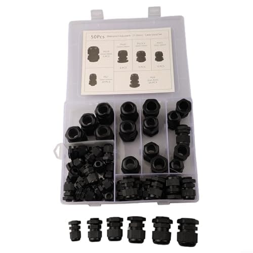 Image of Glewi Nylon Cable Gland Kit with Locknuts, 50 Pack in Multiple Sizes PG7 PG9 PG11 PG13.5 PG16 PG19, IP68 Waterproof Black Connectors for