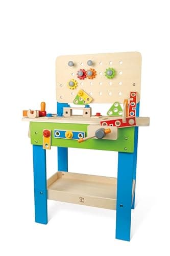 Image of Hape Master Workbench | Award-Winning Kid's Wooden Tool Bench Toy Pretend Play Creative Building Set, Height Adjustable 35 Piece Workshop for Toddlers