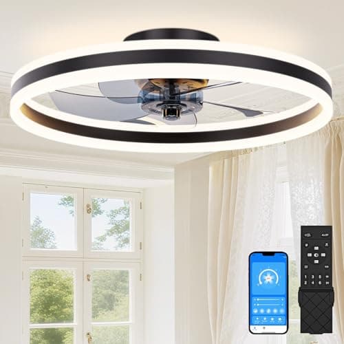 Image of SUNKENET Ceiling Fans with Lights and Remote, 60cm Ceiling Fan Light, 3000K-6500K Dimmable Smart LED Fan Light, 6 Wind Speeds & Reversible, Black Modern Queit Fan Light Ceiling for Bedroom