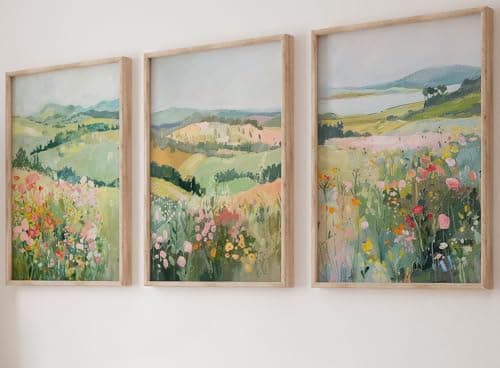 Image of Eviepops Prints Wildflower Countryside Landscape Set of 3 Unframed Wall Prints, Digitally Printed Oil Painting Style, Lounge Bedroom Kitchen Home Décor, Beautiful Wildflower Countryside (A4)