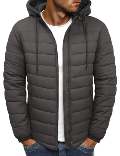 Image of Lonya Mens Puffer Jacket Lightweight Puffy Padded Coat Warm Hooded Autumn Winter Windproof Quilted Jacket for Men Zip Up with Pockets for Hiking Camping Travelling, Grey, XXL