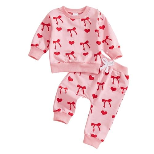 Image of Geagodelia Toddler Baby Girl Clothing Sweatshirt Long Sleeve Heart Bow Print Fall Elastic Infant Girls Outfit Clothes Pullover Tops Pants Pocket Set (Pink, 2-3T)