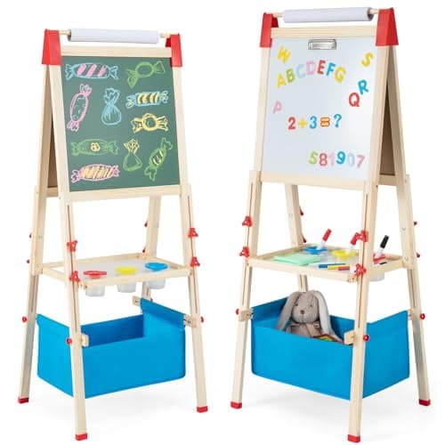 Image of GYMAX Wooden Kids Easel, 3 in 1 Height Adjustable Art Easel with Whiteboard & Chalkboard, Paper Roll, Tool Tray, Storage Bag and Accessories, Double Sided Drawing Easels for Toddlers (102-126 cm)