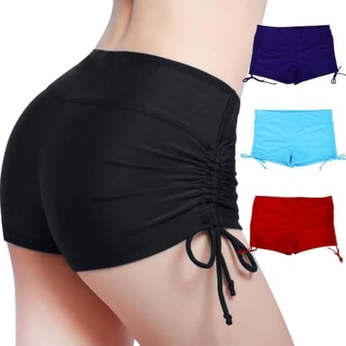 Image of Lancry Women Swim Shorts, High Waisted Adjustable Ruched Side Tie Bikini Bottoms, Swimsuit Board Boy Shorts for Ladies Girls Black