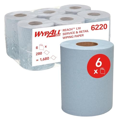Image of WypAll L10 Service & Retail Wiping Paper 6220-1 Ply Centrefeed Blue Roll - 6 Centrefeed Rolls x 280 Paper Wipes (1,680 Total)