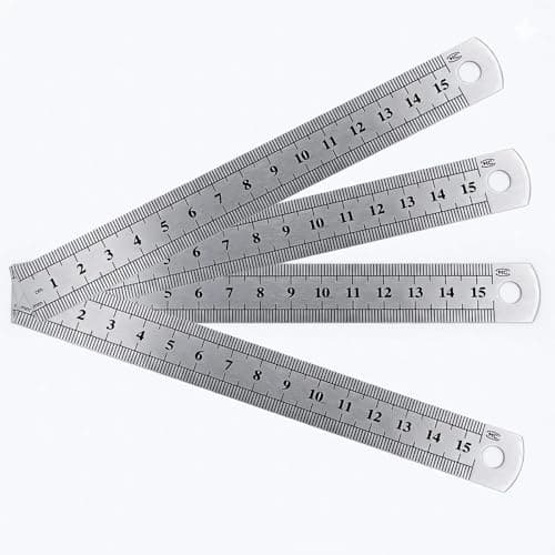 Image of ZhuPu 4 Pcs Metal Ruler 6 Inch, Stainless Steel Rule, Stainless Steel Dual-Scale Rule, Dual Scale, Hanging Hole for School Office Workshop(Silver)