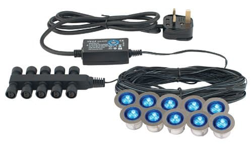 Image of Saxby Ikon 30mm Round Polished Stainless Steel Bathroom IP67 Outdoor Recessed Garden Decking Blue LED Light Kit
