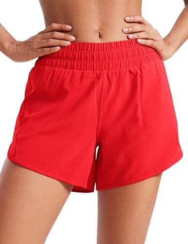 Image of CRZ YOGA Women's Elastic Mid Waisted Running Shorts Liner - 5 inches Quick Dry Athletic Workout Sport Shorts Zip Pocket Deep Red 12