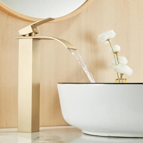 Image of Ankoory Waterfall Bathroom Basin Mixer Tap, High Rise Bathroom Sink Faucet, Mono Single Lever Tall Tap for Counter Top Basin, Modern and Square Taps with Flexible Tails (Brushed Gold)