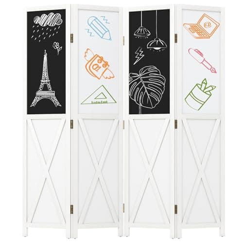 Image of COSTWAY 4-Panel Folding Room Divider with Blackboards & Whiteboards, Solid Paulownia Wood Wall Privacy Screen Protector, Freestanding Room Partition Paravent Separator for Bedroom, Living Room, Office