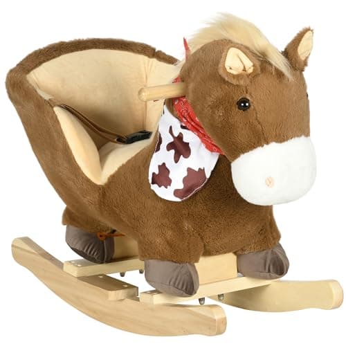 Image of HOMCOM Kids Rocking Horse Plush Ride On Horse with Seat Belt, Realistic Sounds, Foot Pedals for Toddlers Aged 18-36 Months - Brown