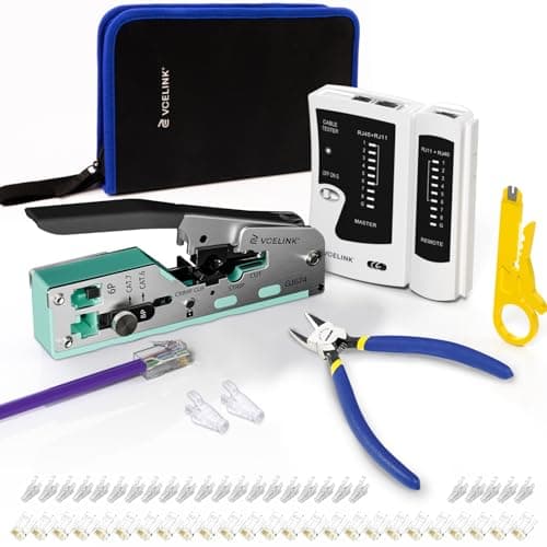 Image of VCELINK Upgraded Stainless RJ45 Crimp Tool Kit for CAT7/6A/6/5E/5 with Pass Through Network Crimper, Cable Tester, 25 Cat6 RJ45 Connectors & Strain Relief Boots, Wire Stripper and Cutter in Cloth Bag