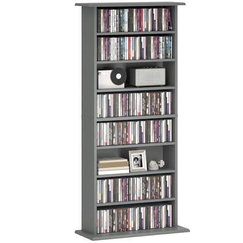 Image of HOMCOM 360 CD/185 DVD Storage Unit, 185 Blu-ray Media Storage Shelf with 8 Compartments and 6 Adjustable Shelves, CD Tower for Living Room, Bedroom, Office, Grey
