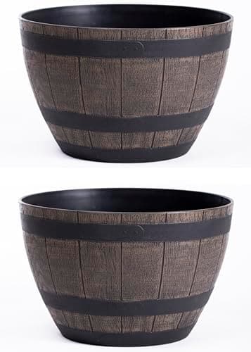 Image of Garden Gear Curved Wooden Barrel Planter Rustic Oak Effect Weatherproof Plastic Outdoor Indoor Flower Pot 3 Sizes Medium Large XL (Large x2)