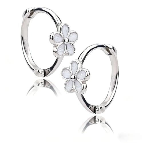 Image of 2 Pcs 925 Sterling Silver Daisy Hoop Earrings – Small Flower Huggie Hoops for Girls and Women – Lightweight Floral Earrings for Cartilage, Everyday Wear and Gifts (Silver)