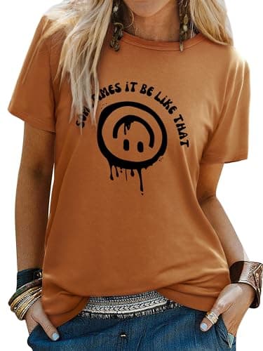 Image of WIEIYM T Shirt Women Crew Neck T-Shirts Summer Tee Smile Graphic Slogan Tshirt Something It Be Like that Unisex Basic Tops