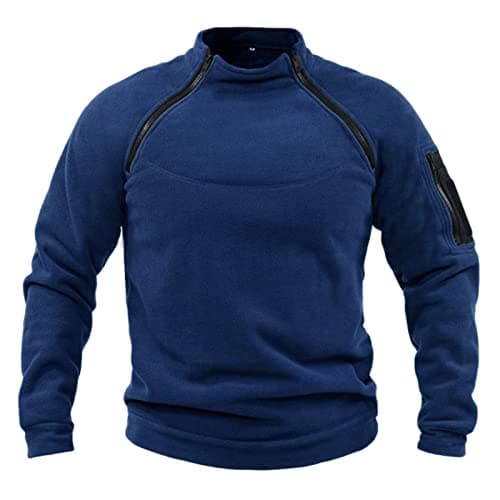 Image of Men's Workout Military Tactical Mock Neck Pullover UK Winter Outdoor Sport Fleece Pullover Long Sleeve Sweatshirts Combat Fleece Jacket Jumper Tops Army Windproof Pullover Blue M