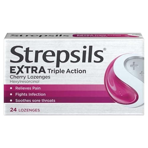 Image of Strepsils Extra Triple Action, Cherry, Sore Throat Lozenges, 24 Total, Sore Throat Relief, Soothes Sore Throat, Effective Relief, Works In 5 Minutes, Extra Pain Relief, Sore Throat, Medication