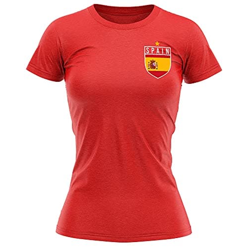 Image of Spain Football Shirt Women - Retro Spain Flag Badge T Shirt - Football Country European Supporters 2020 Tee Her - Spanish Tournament 2021 Footy Soccer Top, M, Red