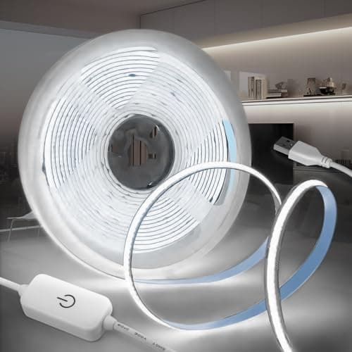 Image of KSIBNW 5V USB COB LED Strip Lights, 1M/3.28ft Dimmable Led Light Strip Cool White 6000K LED Tape Lights Flexible CRI90+ TV Backlight with 1M USB Powered for Bedroom Cabinet Kitchen Decoration