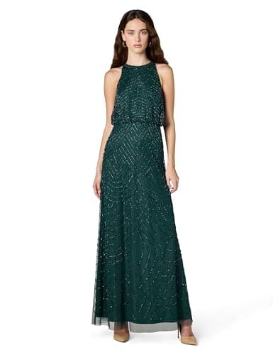 Image of Adrianna Papell Women's Halter Art Deco Beaded Blouson Dress, Dusty Emerald, 16