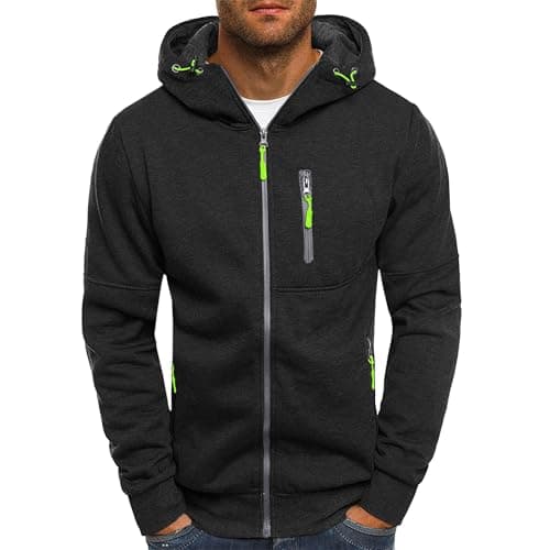 Image of Mens Hoodies Casual Fleece Hooded Sweatshirt Full-Zip Long Sleeve Pullover Hoody Tops Black XXL