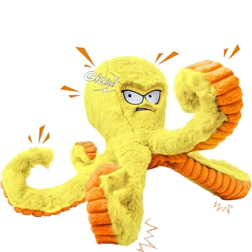 Image of LEGEND SANDY Tough Dog Toys, Stuffed Chew Large Dog Toys to Keep Them Busy, Interactive Squeaky Tug of War Doggie Toy, Crinkle Yellow Octopus