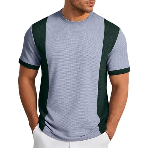 Image of Generisch Men's Short-Sleeved Waffle Knit Patchwork Colour Block Crew Neck Summer Leisure Sports Breathable Cotton Casual Classic Soft Sports Shirt for Training, 02 Grey, S