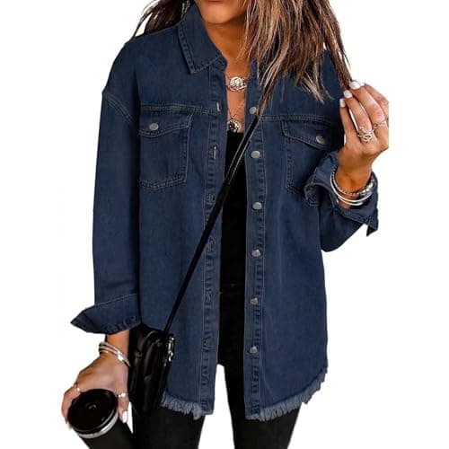 Image of YGERGWE Womens Denim Jacket, Oversized Lightweight Jean Jacket Casual Button-Down Shacket, Ladies Long Sleeve Jean Shirt Top for Spring Autumn