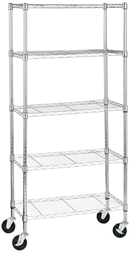 Image of Amazon Basics 5-Shelf Medium Storage Unit on 4-inch Casters With Height Adjustable Shelves & Levelling Feet, 680 kg Max Weight, Chrome, 35.6 cm D x 76.2 cm W x 164.5 cm H