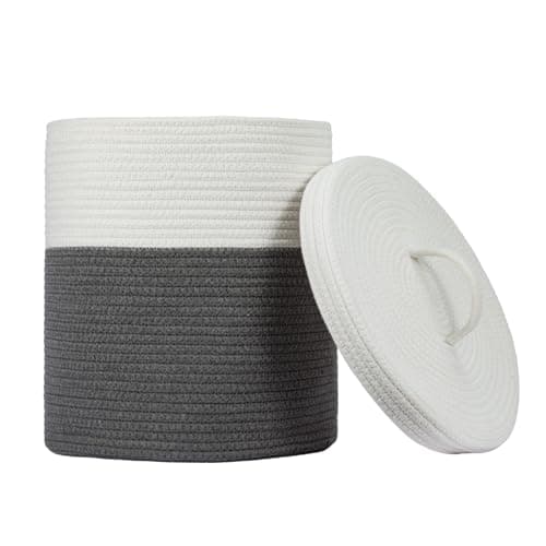 Image of SUNNYNEST Round Woven Storage Basket with Lid – Gray & White Fabric Organizer Bin, Stackable Laundry Basket for Closet, Bathroom, or Living Room Storage (Gray)