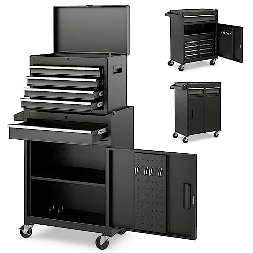 Image of TANGZON Lockable Tool Cabinet, Rolling Tool Chest Combo with Wheels, Drawers, Hooks & Side Handle, Detachable Garage Workshop Tool Cart Trolley (without Middle Compartment, Black)