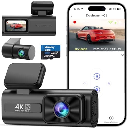 Image of TINAZEOK Dash Cam Front and Rear 4K+1080P, 5GHz WiFi, Dual Dashcam with 64GB Card, App Control, 1.47" IPS Screen, 24H Parking Mode, Night Vision, 170° Wide Angle, G-Sensor, WDR, Car Camera (C3)