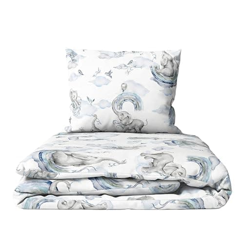 Image of Baby Comfort 2-Piece Toddler Duvet & Pillow Set - 120x90 cm - 100% Cotton Breathable Fabric - Machine Washable Quilted Bedding for Cot Bed 12M+ (Blue Elephants)