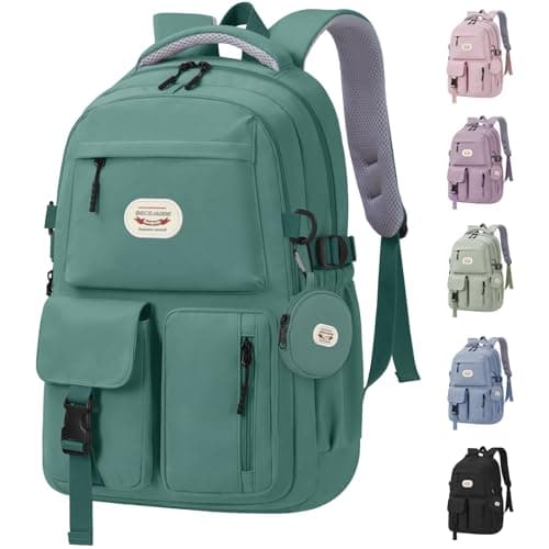 Image of BECOJADDE Backpack School Bag Womens Girls with 15.6'' Laptop compartment, Water Resistant Rucksack with Coin Purse, Daypack for College, Work & Travel, Ideal for Teens & Students Dark Green 25L